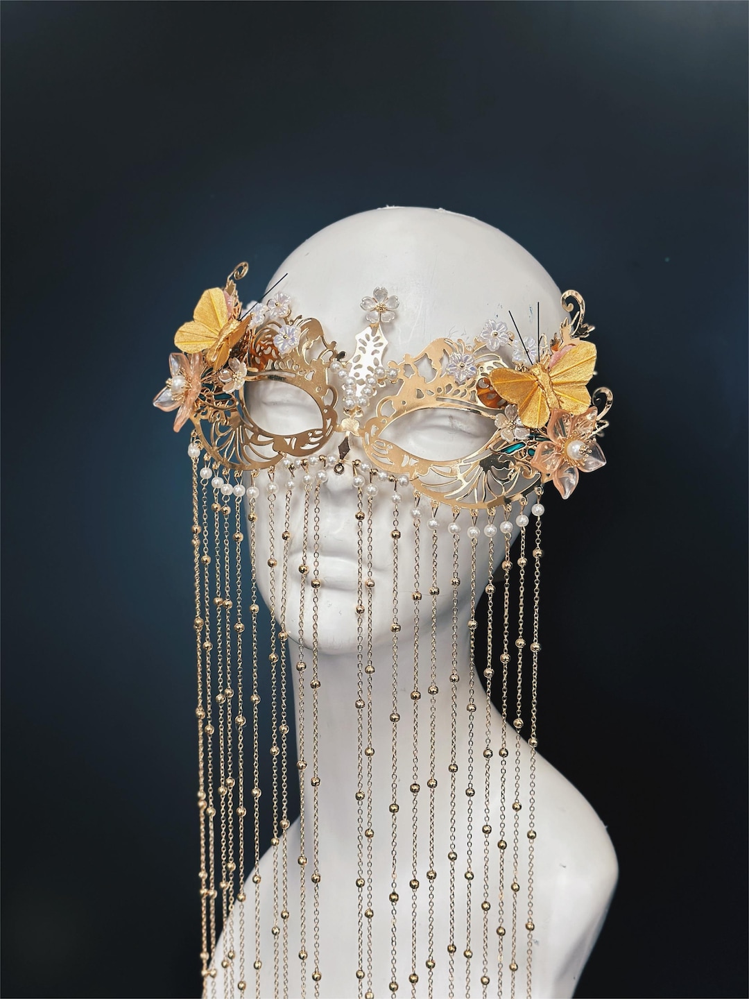 Gold Butterfly Metal Lace Masquerade Mask With Chain Fringe - Etsy
