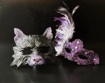 Purple and Black Wolf Mask and Feather Lace Mask - Couples Masquerade Mask Set