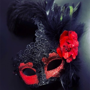 Black Red Womens Mask, Feather Mask, Venetian Mask, Womens Party Masks, Masquerade Masks, Prom Mask Set, Renaissance Masks