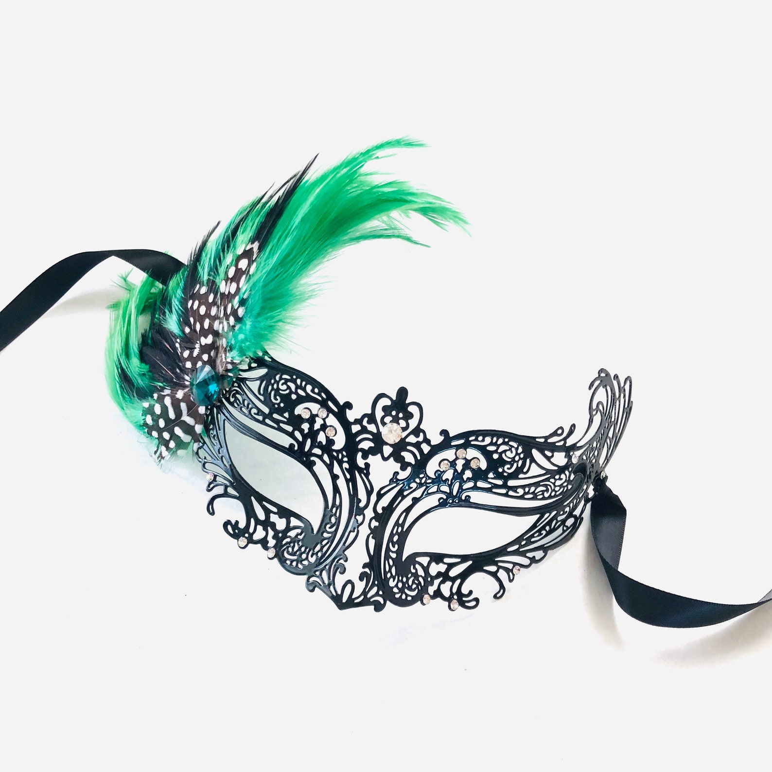 Emerald Green Masquerade Mask Woman Green Feather Masquerade Etsy