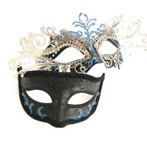 Light dusty Blue couples masquerade mask set, pale blue couples masks father daughter dance couples party masks