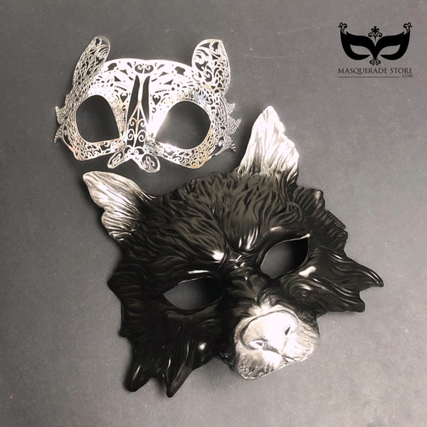 cat and Wolf Masquerade Mask Couples Set, Animal Mask, Costume Party, kitty cat Mask, Wolf Mask, cat metal mask, Masquerade Party