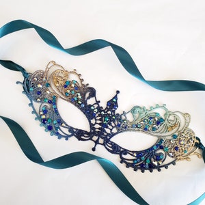 Masquerade Mask women Blue turquoise Teal navy, Masquerade Ball, ocean theme Lace, Mardi Gras, halloween, venetian inspired image 4