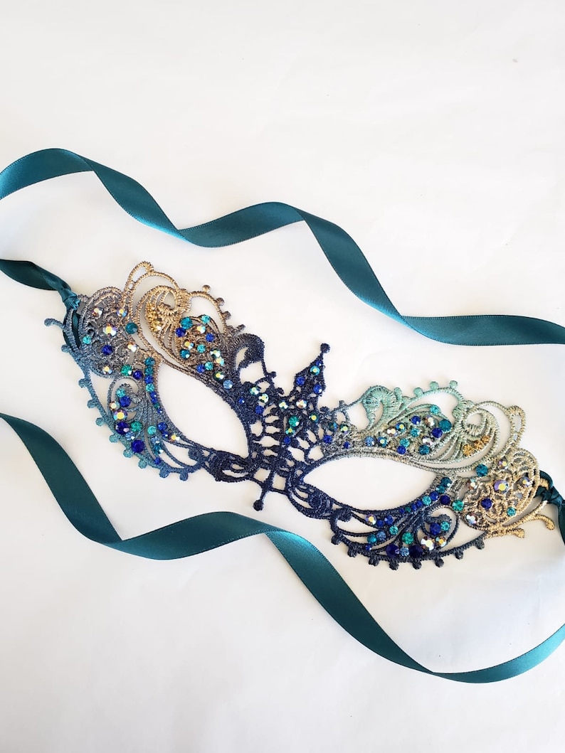 Masquerade Mask women Blue turquoise Teal navy, Masquerade Ball, ocean theme Lace, Mardi Gras, halloween, venetian inspired image 4