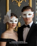 White Bridal Masquerade Ball Mask Couples Set with Feather Lace