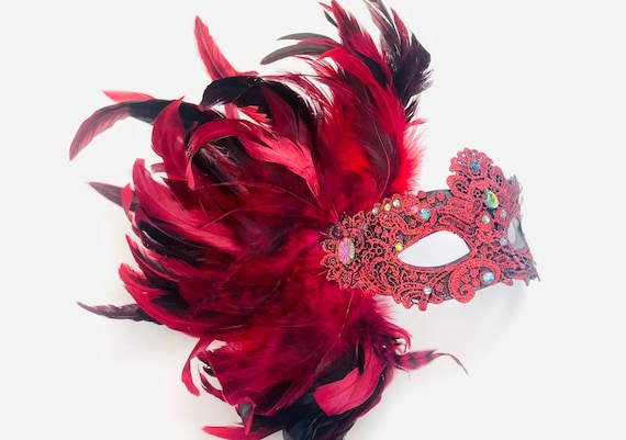 Black Red Feather Masquerade Mask for Women, Lace Mask, Metal