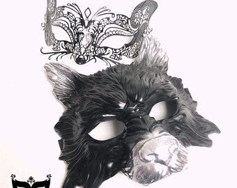 Black Silver Wolf And Fox Masquerade Masks, Matching Couples Masquerade Mask, Masquerade Party, Animal Mask, Wolf Mask, Fox Mask