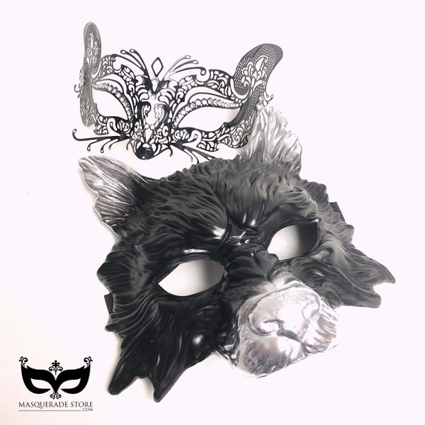 Black Silver Wolf And Fox Masquerade Masks, Matching Couples Masquerade Mask, Masquerade Party, Animal Mask, Wolf Mask, Fox Mask