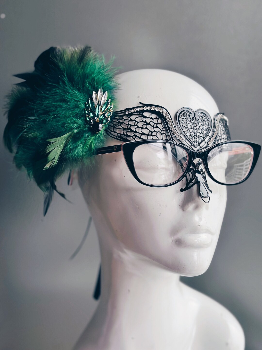 Angel Masquerade Mask for Eyeglass Wearers Green Feather Mask Eyeglass