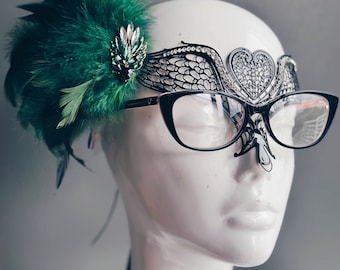 Angel Masquerade Mask For Eyeglass wearers - Green feather mask - Eyeglass Masks - Adult Size
