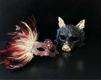 Red Gold Feather Lace Mask & Wolf Mask Couple Set Venetian Masquerade