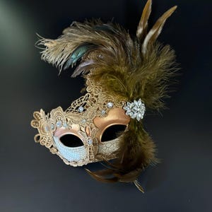Bronze Feather Lace & Greek God Masquerade Mask Couples Set Womens Mask