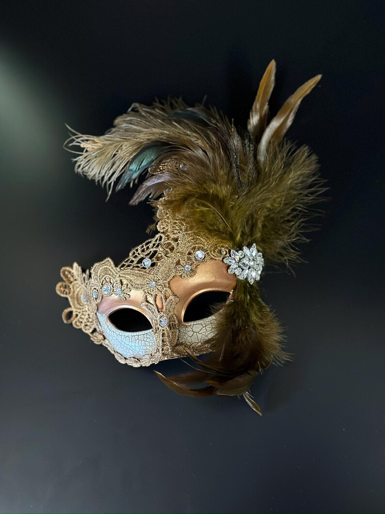 Bronze Feather Lace & Greek God Masquerade Mask Couples Set Womens Mask