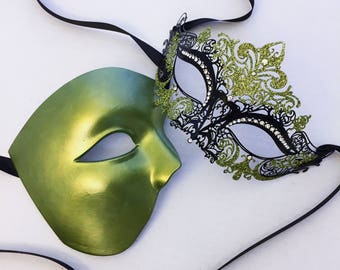 Green Couples Masquerade Masks, Olive Green Theme Woman Man Masquerade mask set, His & Hers Masquerade masks Green