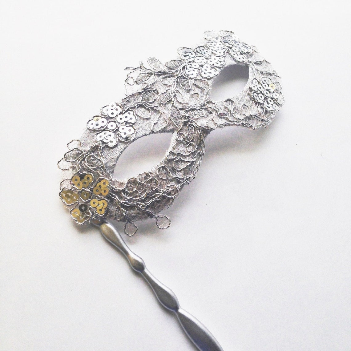 Silver Masquerade Mask on Stick Womens Hand Held Mask Etsy