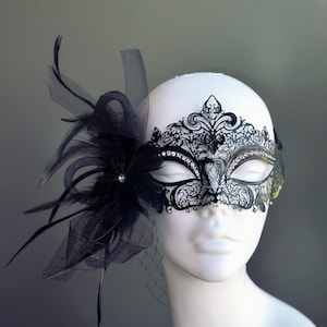Black Metal Masquerade Mask Womens Feather Mask Masquerade Ball Party Mask Rhinestone Mask