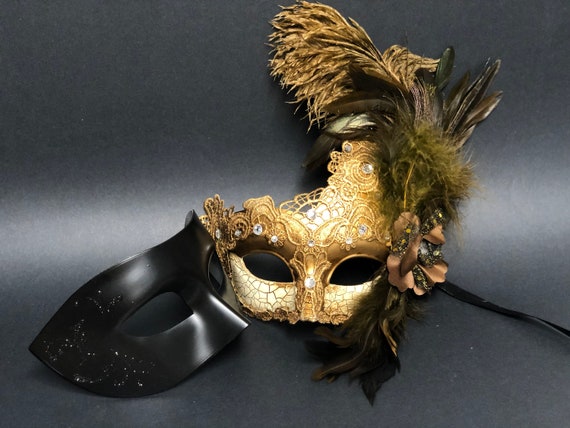 Venetian Half Moon Masquerade Feather Mask - Gold Black