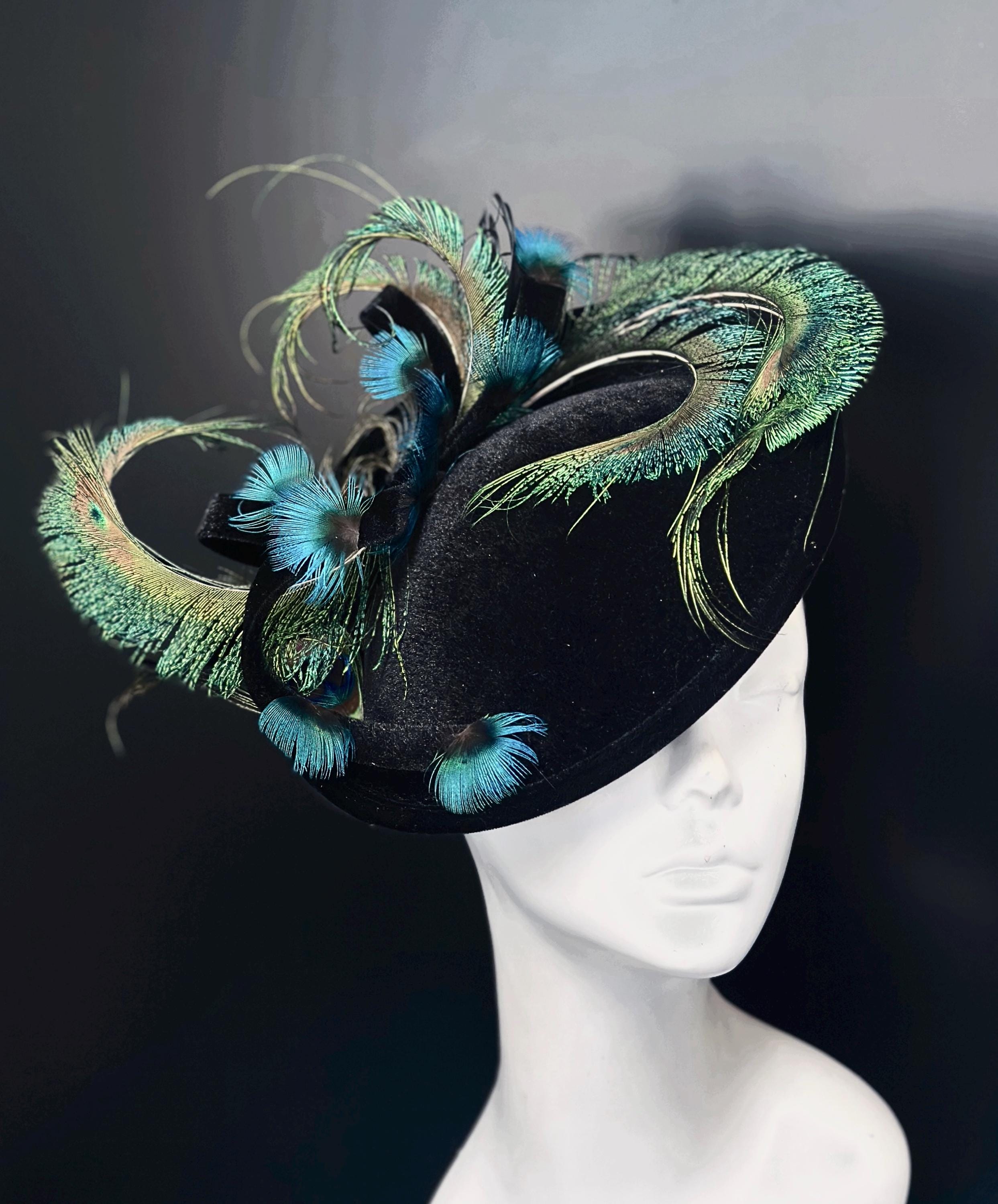 Velvet Disc Fascinator Headpiece with Loop Decor and Feathers kentucky derby hat fascinator peacock blue velvet headband  main image 3