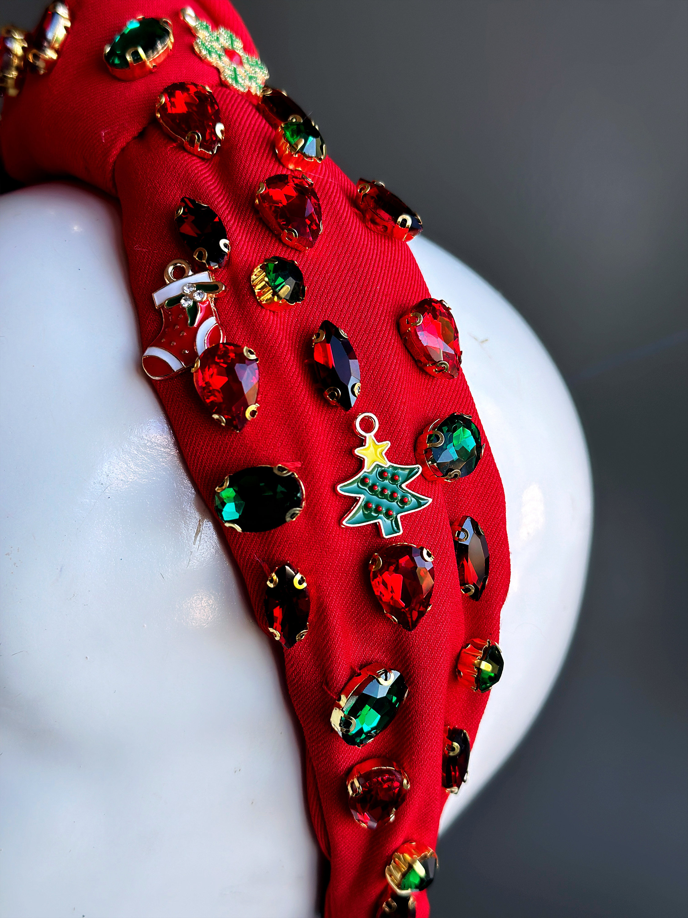 JERTOCLE Weihnachts-Stirnband – Rotes Karomuster Mit Kristallen, Dehnbar, Für Damen