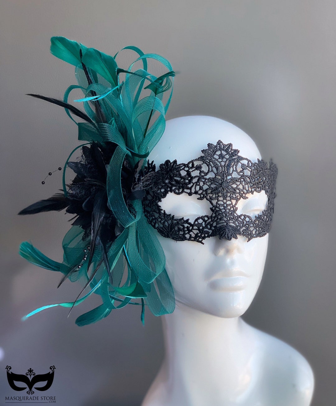 Dark Green Masquerade Mask Women Feather Masquerade Mask, Green Feather