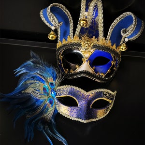 Royal Blue Jester Mask mens, Feather women mask, Couples masks, venetian masks