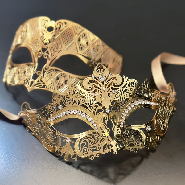 Rose Gold masquerade mask women glitter mask Metal filigree rhinestones