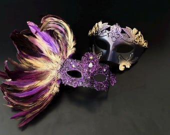 Purple Feather Lace Mask & Roman Mask - Couples Masquerade Masks