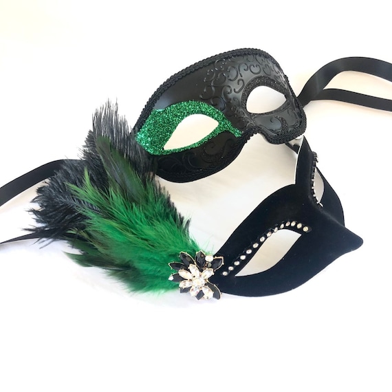 Emerald Green Masquerade Masks Couples Masquerade Ball Masks Green Women  Feather Mask Black Mens Venetian Mask Halloween Mask Party Masks 