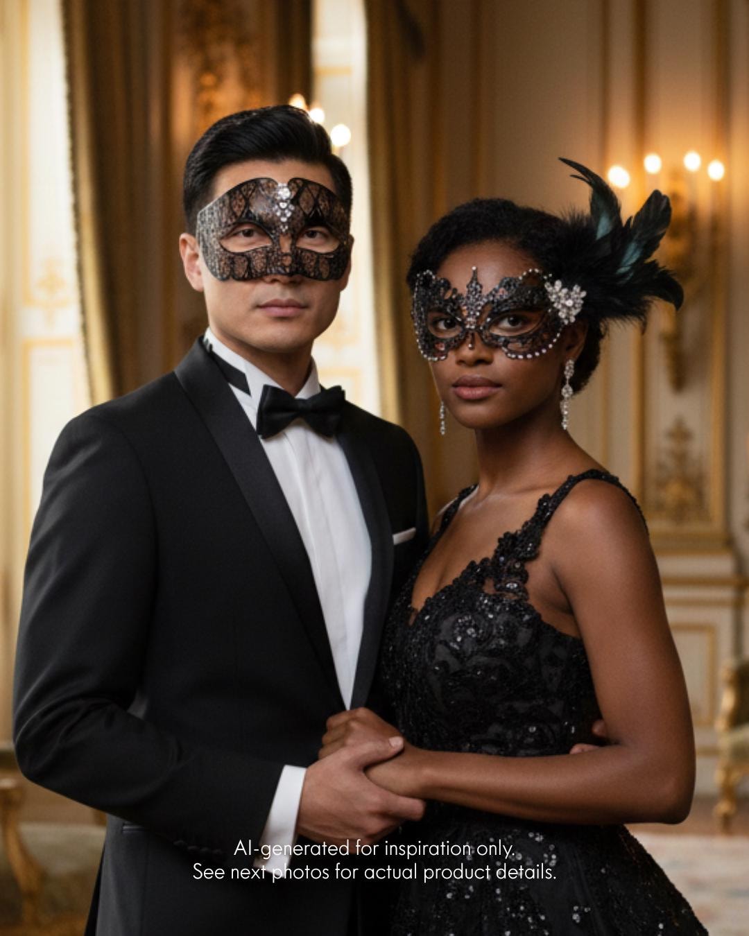 mask for prom dress Black masquerade Mask with White feathers for masquerade balls and Black White prom dresses