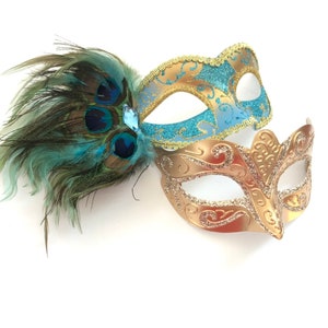 Turquoise Masquerade masks Couples Gold masks Women Men venetian masks l Mardi Gras masks turquoise Gold