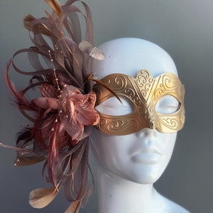 Brown Feather Masquerade Mask GOLD Masked Ball, Prom Mask, Masquerade Mask, Womens Masquerade Mask, Party Mask, Venetian Mask, Gold Mask