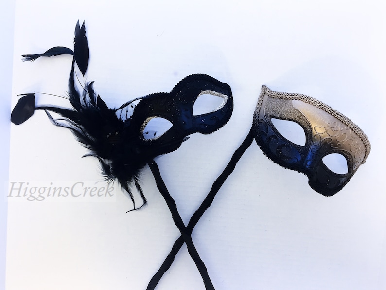Masks on stick handheld Masquerade Masks couples feathers and gold paint