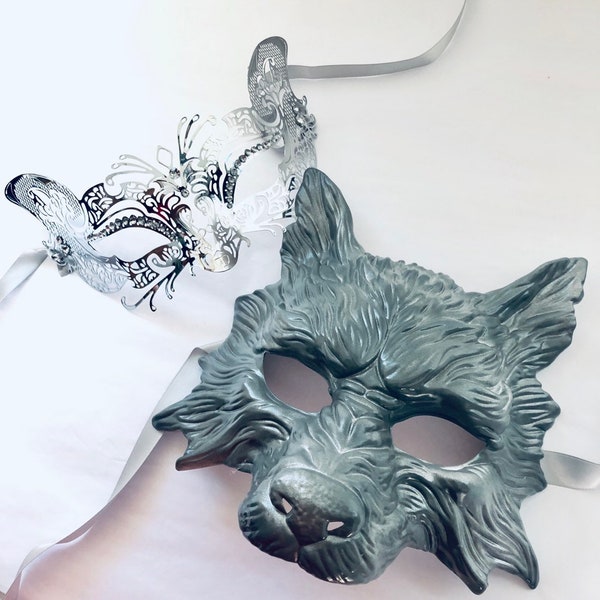 Couples Masquerade Masks silver Wolf And Fox, Animal Masquerade Masks, Halloween Couples Animal Masks