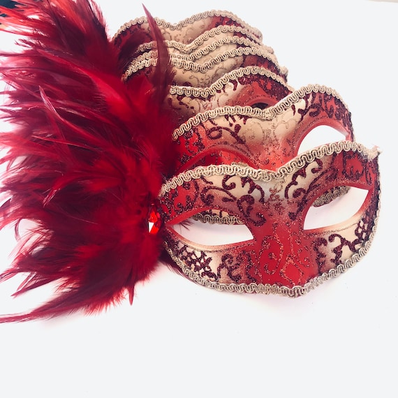 ETOFETE Venezianische Maske Mit Abnehmbarer Feder-Haarspange – Rot, Metall, Für Karneval & Maskenbälle
