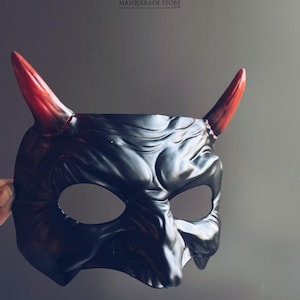 Red Black Demon Masquerade Mask for Halloween Cosplay, Scary Devil Horn Mask for Men, Gothic Villain Horror Costume Party Mask