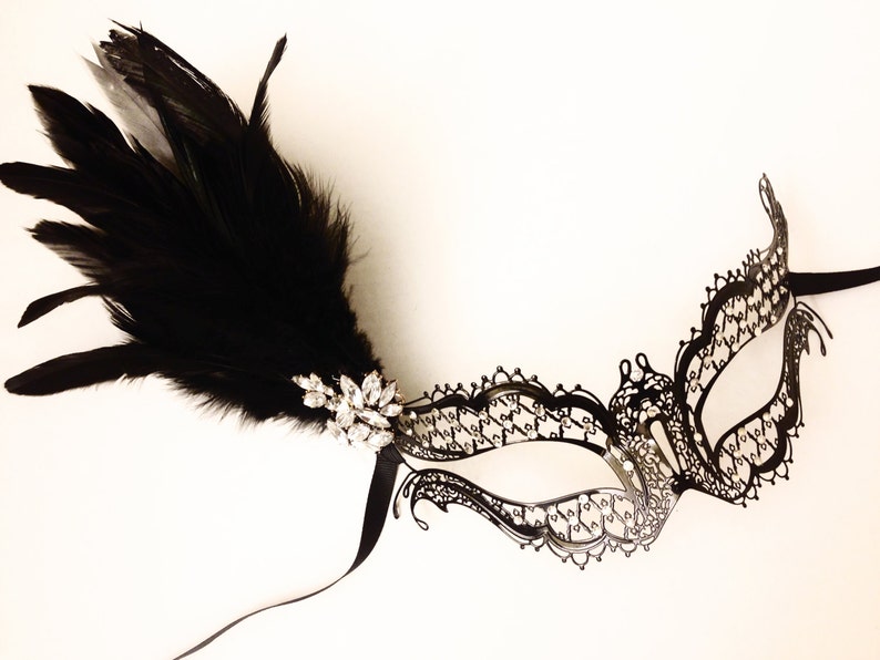 Feather Masquerade Mask for Women studded with diamonds, Pink feather mask, black feather masks image 1