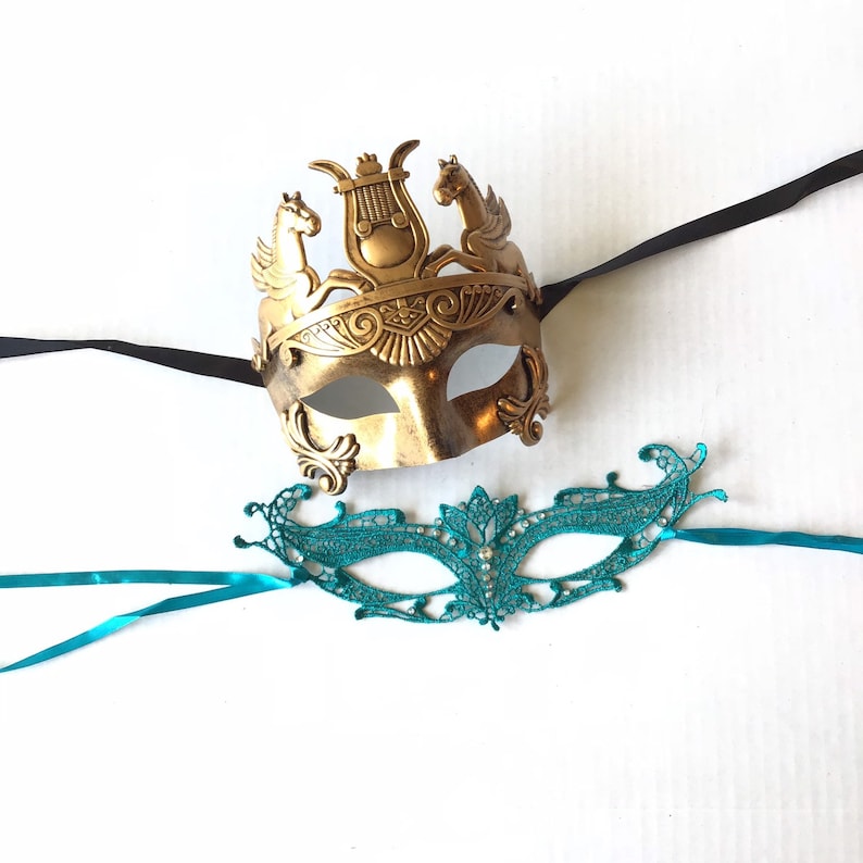 mens gold gladiator masquerade mask mens mask couples mask set Women/'s teal mask couples mask pair his and hers masks for couples