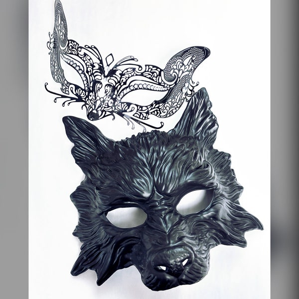 Couples Masquerade Masks Black Wolf & Fox Halloween - Adult