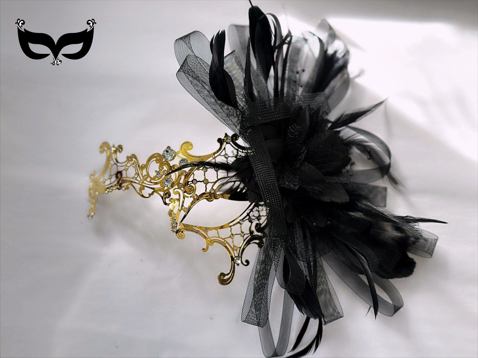 Fillagree Mask Gold Metal Filigree Mask With Red Feathers and Tulle Masquerade Ball ...