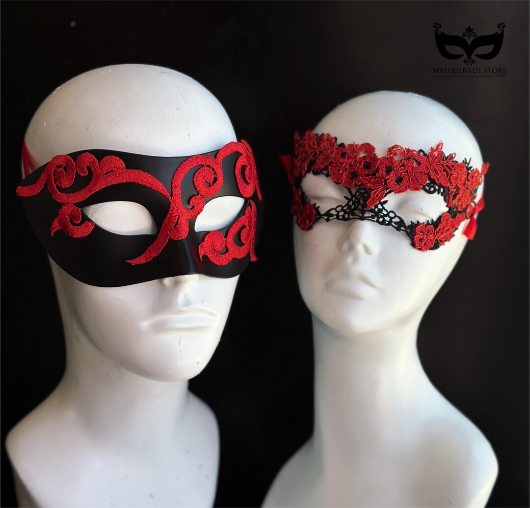 Couples Black and Red Lace Applique Masquerade Mask Set, Classic ...