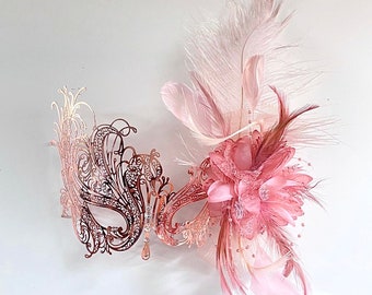 Rose Gold masquerade mask with peachy pink feathers Party ball masks