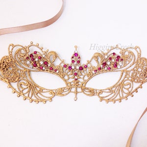 Fuchsia Pink Jeweled Masquerade Mask for Women, Masks for Masquerade Ball, Venetian Lace Mask MORE COLORS image 2
