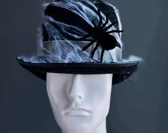 Black Fedora Halloween Hat with Spider & Webs for Men Women