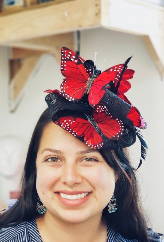 Red Derby Fascinator Hat Red Butterfly 