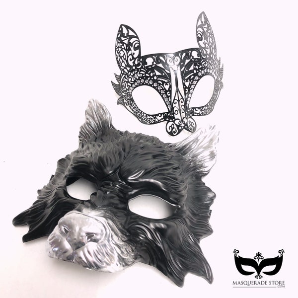 Matching masquerade masks, Wolf Masquerade Mask Pair, Wolf Mask, cat Mask, Matching Costume, Couples Set, Masquerade Party, Animal Masks