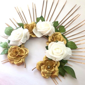 Halo crown inspired by beyonce Flower halo headdress sunburst with roses white gold head crowns image 2