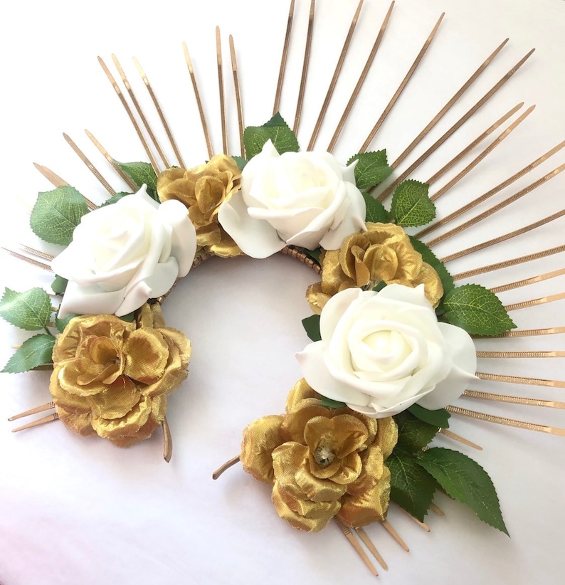 Halo crown inspired by beyonce Flower halo headdress sunburst with roses white gold head crowns image 2