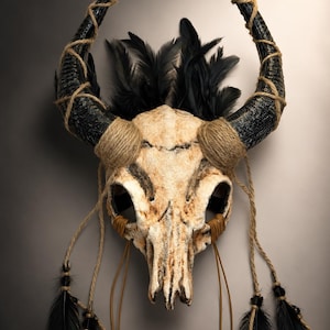 Op de afbeelding: Een decoratief dierenschedelmasker met twee grote, getextureerde zwarte hoorns omwikkeld met beige touw. De schedel is gebroken wit met donkere verweringssporen, versierd met zwarte veren en lange, bungelende touwtjes met kralen eraan bevestigd.