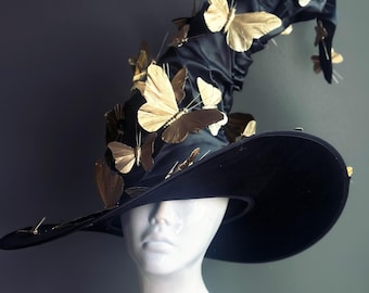 Black Gothic Witch Hat with Gold Butterflies – Halloween Costume Hat, Gothic Wiccan Hat, Festival or Cosplay Accessory