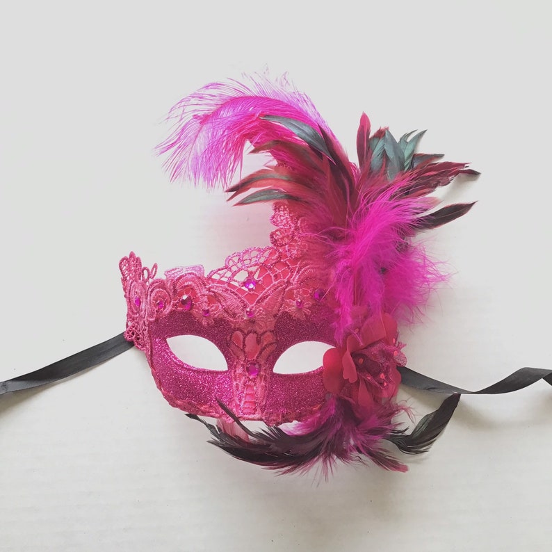 Carnival Mask Green Bright Pink Feathered Masquerade Masks Etsy